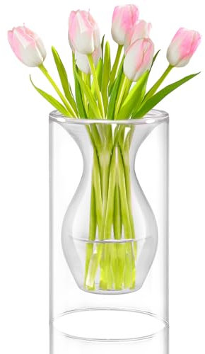 ZENS Unique Small Flower Vase, Modern Double Hollow Clear Glass Vase, Floating Decorative Vase Hand Blown Cool Bud Vase for Home Small Bouquet, Wedding Centerpieces