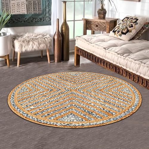 Lightnpro Bohemian Jute Cotton Denim Braided Rug 4 Feet Round - Circle Farmhouse Jute Cotton Area Rag Rug for Kitchen, Kids Bedroom, Playroom | Colorful Hand Woven Reversible Pet Friendly Carpet