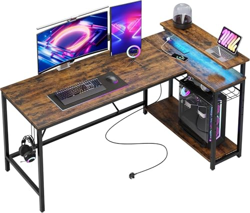 Bestier 147CM L-Shaped Desk with Power Outlets & LED Lights, Reversible Corner Computer Desk with Shelves & Hooks for Home Office or Bedroom Study