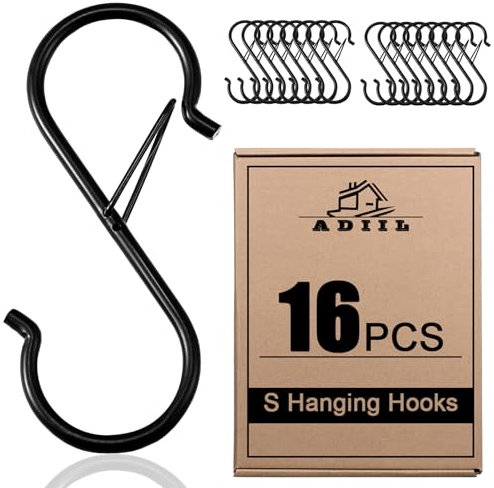 ADIIL 16 ganchos en S para colgar con hebilla de seguridad, ganchos de metal resistente en forma de S para colgar plantas, utensilios de cocina, jeans, bolsas, macetas, 3.75 pulgadas, color negro