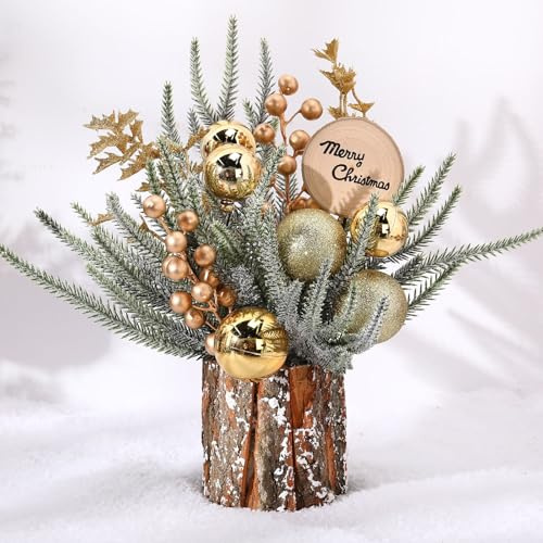 Zhehao 9.8'' Small Christmas Tree Centerpiece Artificial Mini Tabletop Christmas Tree Decorations with Gold Ball Berry Pine Cone Greenery Signs Portable Christmas Decor for Party Holiday Fireplace