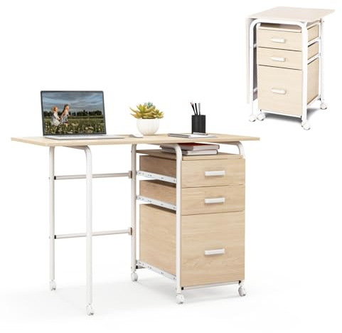LIFEZEAL Bureau Pliant avec 3 Tiroirs & roulettes, Table d'Ordinateur Piliable Cadre en Métal, Poste de Travail avec Armoires à Dossiers pour Étude, Charge 100 kg (Naturel)