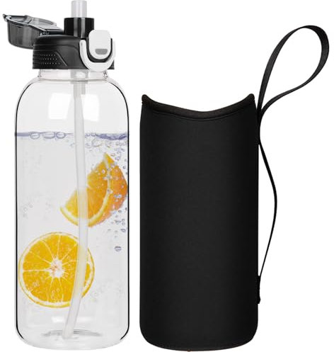 DEARRAY 2 liter Trinkflasche Glas Flasche mit Strohhalm 2l Glasflasche mit Schutzhülle, Auslaufsicher BPA frei Große Wasserflasche für Sport, Smoothie, Früchte Kohlensäure geeignet