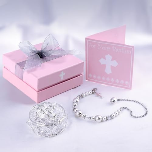 Regalo per battesimo per ragazza, braccialetti con croce cattolica per bambine e biglietto di battesimo con scatola per gioielli in argento, regalo per battesimo per ragazze, regali di battesimo per