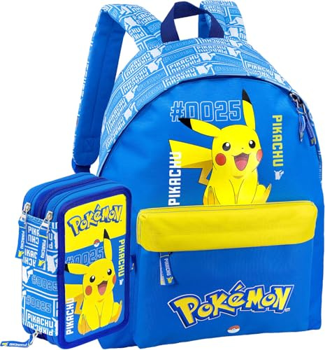 Clondo Schoolpack Zaino con Astuccio 3 Scomparti, Scuola e Tempo Libero, Bambini e Ragazzi, Multizip, Pennarelli, Pastelli, Accessori, Bambino, Bambina (Poke Blu)