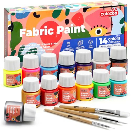 colozoo Textilfarbe Waschmaschinenfest 14x20ml | Waschfestes Set inkl. Gold, Silber, 2 Neonfarben & 3 Pinsel | Zum Malen auf dunklen und hellen Stoffen