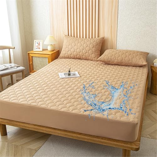 Odot Gesteppte Spannbettlaken Wasserdicht Weicher Verdickter Matratzenschoner Rutschfester Doppeltes Einzelbett bettspanntuch Topper-Overlays Spannbetttücher, Einfarbig (Khaki,100x200+28cm)