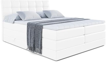 ALTDECOR Boxspringbett mit Matratze und Lattenrost, Topper, Polsterbett mit Bettkasten, Bett mit Stauraum H3- und H4- Matratze, Doppelbett, Springboxbett - APO King - 160x200 - Weiß Kunstleder