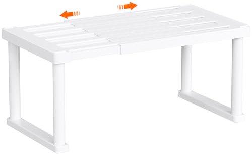 Lifewit Cupboard Shelf Organiser, Expandable Countertop Kitchen Shelves, Plastic Shelf Riser for Pantry Kitchen Storage and Spice Rack, Set of 1, White Cabinet
