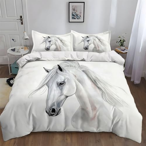 CozyRest Bettwäsche Set 135 x 200 cm Weiß Wendebettwäsche Drucken Bettbezug 3 teilig mit 2 Kissenbezug 80x80 cm, Weißes Pferd In Aquarell Bettwäsche mit Reißverschluss für Kinder Teenager
