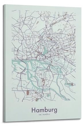 Poster con mappa della città di Amburgo, Germania, poster decorativo da parete su tela, poster decorativo moderno per camera da letto, per camera da letto, 40 x 60 cm
