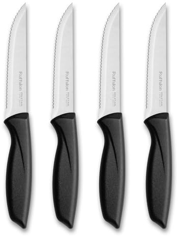 Ruffulon Steak Knives, Steak Knives Set of 4,Stainless Steel Serrated Edge Kitchen Knife with Ergonomic Handle,Sharp Steak Knife,Multipurpose Dinner Knives,Dishwasher Safe,Rust-Proof