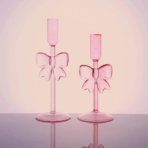 2 Stück Kerzenhalter Glas Stabkerzenhalter mit Rosa Schleifen Kerzenständer für Stumpenkerzen Frühling Deko Hoch Kerzenleuchter für Party Hochzeit Kerzenhalte Vintage Deko Heimdekoration (A+B)