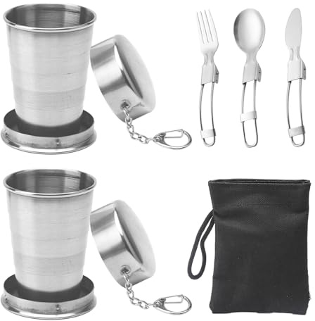 ZMDMAH Lot de 2 gobelets pliables en acier inoxydable - 75 ml - Pour l'extérieur - Camping - Avec couvercle et couverts en acier inoxydable