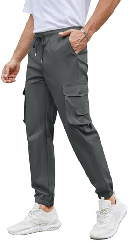 NANAMEEI Joggers for Men Cargo Pants Elastic Waistband, Breathable Slim Fit Work Trousers with 6 Pockets,Dark Gray,XL