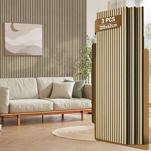 Fiqops Lot de 3 panneaux acoustiques en bois brut - 120 x 60 cm - 21 mm | Lot de 3 : environ 2,16 m², construction de 21 mm, MDF et feutre PET, pour moins d'écho dans le salon, le bureau et le studio