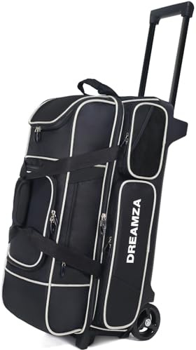 DREAMZA 3 Ball Bowling Bags with Wheels & Shoe Pocket, Premium Bowling Ball Bag 3 Ball Roller, Effortless-Rolling 3 Ball Bowling Bag w/Multi-Storage Pockets & Telescopic Handle Extends to 40'' (Black)