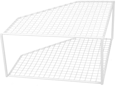 ZUNOXAZ Corner Kitchen Pan Rack Double Tiered Table Top Organizer Iron Pot Holder Elevated 18cm White Mesh Design for Cabinet and Sink Storage