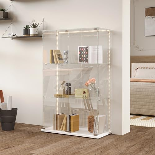 Glasvitrinskåp, vitrinskåp i glas med LED, 3 våningar belysning, glasvitrinskåp, upprätt förvaringsskåp, med säkerhetslås för vardagsrum, sovrum, kontor (dubbelöppen, vit + LED-remsor)