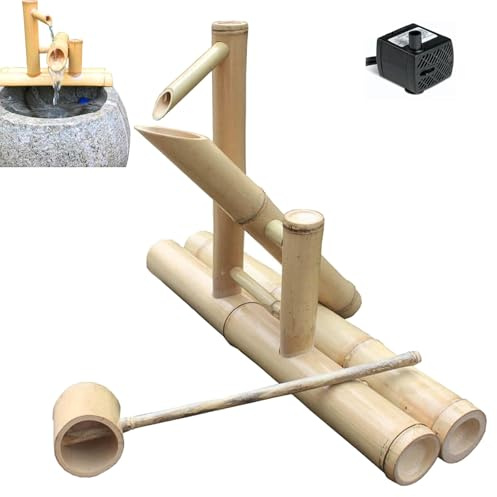 Kit de fuente de agua de bambú con bomba y cuchara de madera, decoración tradicional japonesa de estanque de jardín, sistema de circulación de agua independiente al aire libre para decoración de