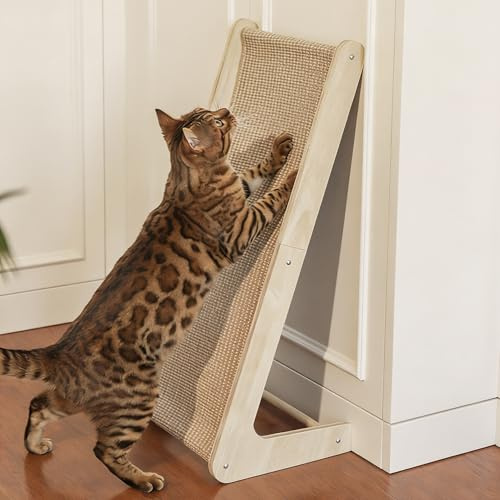 Kratzbrett Katze, 69 cm Hohe L-förmiger Dual-Use Sisal Kratzpadsfür Katzen, Kratzsäule aus Massivholz & Natürlichem Sisal Mit Katzenminze für Alle Katzen