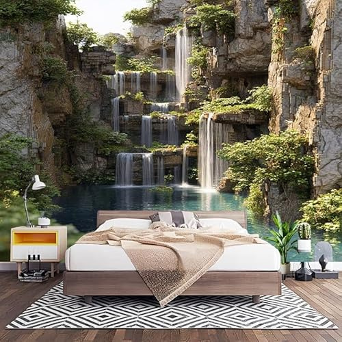 Fotomurales XL 200x140 cm Paisajes Naturales Impermeable Papel Pintado Tejido no Tejido Paisaje de Cascada Del Valle Decoración de Pared Moderna Murales para Pared Salón Cocina Baño Pasillo Comedor