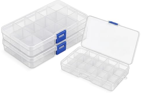 3 Pezzi Scatola Portaoggetti in Plastica con 15 Scomparti Regolabili, Organizer Trasparente per Gioielli, Perline e Minuteria, Contenitore con Divisori Rimovibili per Fai da Te, Cucito e Hobby