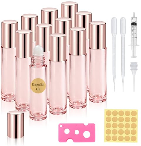 Prebarfun 12 botellas vacías Roll on de 10 ml, color rosa, para aceites esenciales, desodoroller para rellenar con jeringas, abridores, pipetas, rollon botellas para aceites, aromaterapia, perfume
