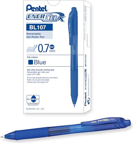 Pentel Energel X BL107 - Retráctil Líquido Gel Bolígrafo - 0.7mm - 84% Recicladas - Azul - Caja de 12