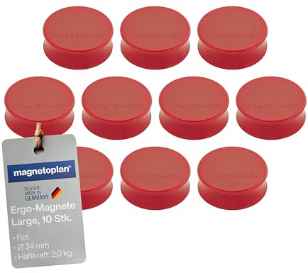magnetoplan Ergo-Magnete, Large | ØxH 34x12,5mm | 10 Stück, rot | Extreme Haftkraft von 2,0kg | Für Kühlschrank, Whiteboard, Magnettafel