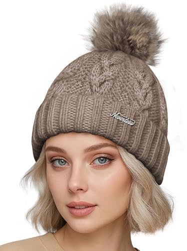 Neverless® Damen Strickmütze mit Pompom Zopfstrickmuster Bommelmütze gefüttert mit Fleece Wintermütze Model 1979