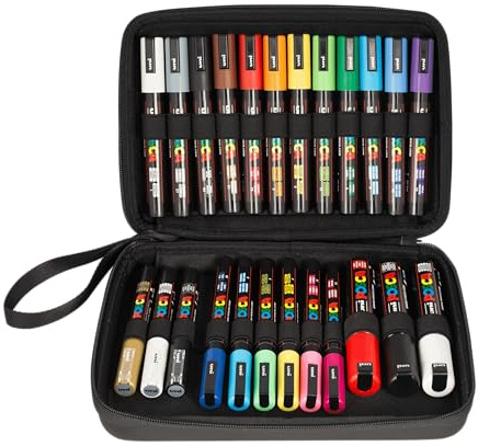 POSCA - Mitsubishi Pencil - Mallette 24 Marqueurs Pointes Extra-Fines PC-1MC / Fines PC-3M / Moyennes PC-5M / Biseautées PC-8K - Marqueurs Peinture à Base d'Eau - Tout Support