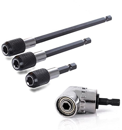QISF 1/4 Hex Shank 105 Degree Right Angle Driver Angle Extension Power Screwdriver Drill Attachment Socket Adapter Bit + 3pcs Quick Release Magnetic Screwdriver Nut Drill Bit Holder Extension Kit Set