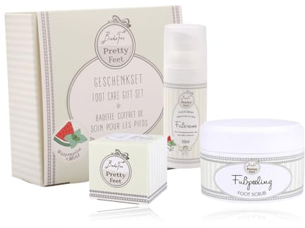 BadeFee Geschenkset Pretty Feet – Fußpflege-Set Wassermelone-Minze mit Fußbadeperle (40 g), Peeling (120 g) & Fußcreme (50 ml), mikroplastikfrei, vegan & Tierversuchsfrei, Made in Germany