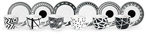 Excelsa Emily Servizio Tazzine Da Caffè Con Piattino, Porcellana, Set da 12 Pezzi, Bianco/Nero, ‎6 x 6 x 5 cm 1.28 Kg