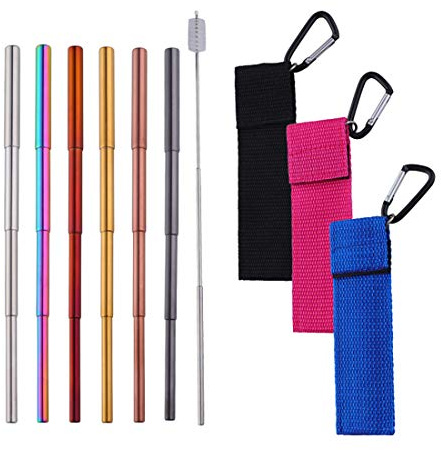 6 Set Pailles métalliques réutilisables Rétractable Portable Pailles, Buyer Star Pailles Télescopiques acier inoxydable avec brosse de nettoyage