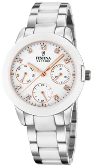 Festina Montre Femme Analogique Acier Inoxydable 316L Blanc - Quartz Multifonction - Verre Saphir Haute résistance - Étanche 5 ATM - Calendrier F20497/1 - Ceramic