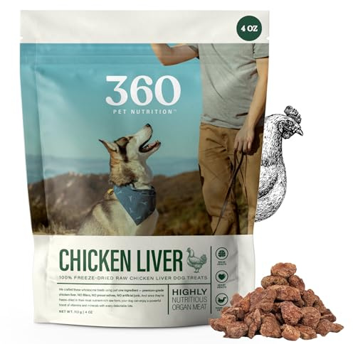 360 Pet Nutrition Freeze-Dried Raw Chicken Liver Dog Treats – Single Ingredient, High Protein, Grain-Free, All-Natural Training Snacks, Made in USA, 4 oz