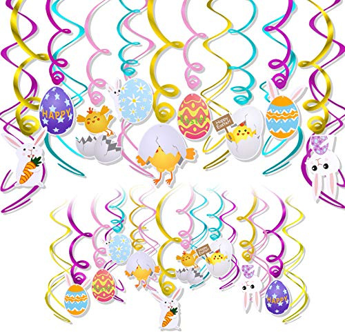 HOWAF Joyeuses Pâques Décorations à Suspendre, 30pcs Pâques Tourbillon Suspendu Décoration Pâques Spirale à Suspendre Déco Pâques PVC Plafond Serpentin, œuf de Pâques Lapin Poussin Carotte Poulet