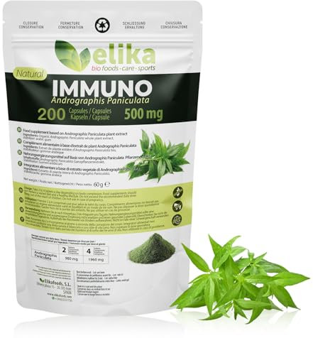 Extracto de Andrographis Paniculata Elikafoods®. 200 cápsulas naturales de 500mg. Refuerzo del sistema inmunitario, aumenta las defensas del cuerpo. 100% natural. Veganos y sin gluten.