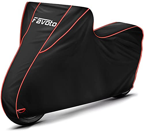 Favoto Motorcycle Cover Waterproof Outdoor Motorbike Cover 300D Oxford Cloth Durable UV Protection with Night Reflective Strip Lock-Holes Fits up to 96.5 inch Vehicle Cycle Moped Cover (Red)
