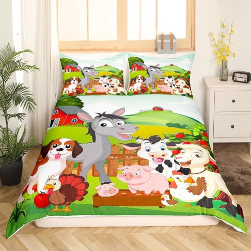 Feelyou Cute Farm Animals Bedding Set Kids Cartoon Pig Dog Cow Horse Duvet Cover Boys Girls Teens Nature Country Style Comforter Cover Farmhouse Rustic Bed Set Bedroom Decor Full Size (No Comforter)
