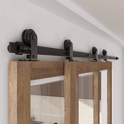 7FT/214CM Binario per Porta Scorrevole per Bypass Doppie Porte Facile da Installare, Nero Forma T