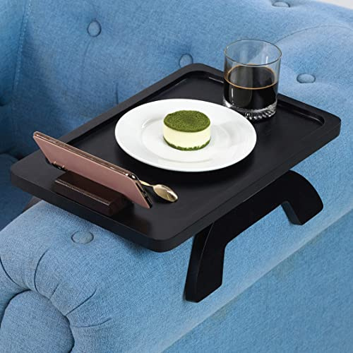 BLUEWEST Sofa Armrest Tray, Acacia Wood Couch Arm Clip on Tray Table with 360° Rotating Phone Holder –Fits Most Couch Arm Sizes–Non-Slip, Space-Saving Arm Table for TV Dinners, Remote, Drinks & Snacks