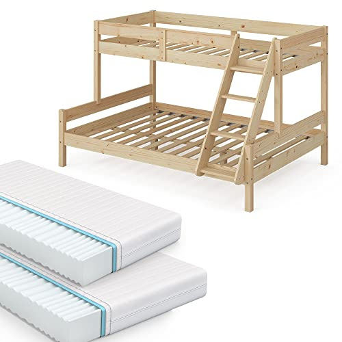 VitaliSpa Etagenbett Everest, Naturholz, 140x200 / 90x200 cm | mit 2 Matratzen, mit integrierter Treppe und stabilem Lattenrostsystem