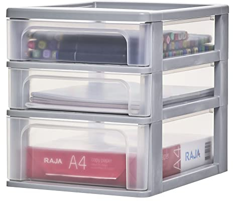 Iris Ohyama, Schreibtisch-Organizer mit 2 Flachen und 1 Tiefen Schublade, Grau, Easy-Pull-System, A4, A5 & A6 Format, Schubladenschrank für Büro, Schreibwaren, Plastik, BPA-frei, Drawer, OCH-2021