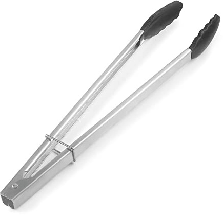 Lacor - 63929 - Pince en acier inoxydable et silicone - Couleur noire - Finition acier satiné - Ergonomique - Facile à nettoyer - Résiste au lave-vaisselle - Résiste à 250ºC - 30cm