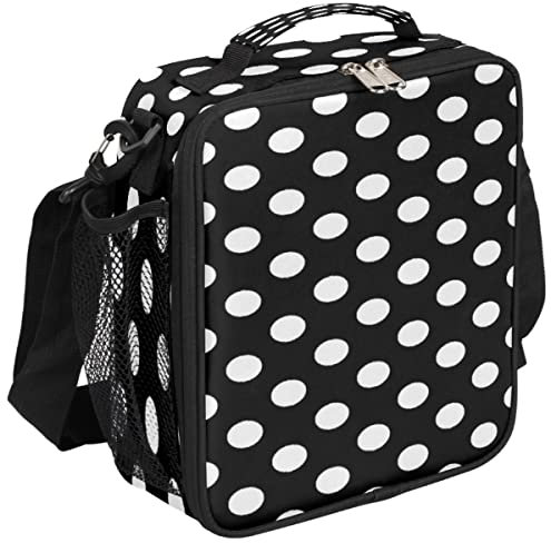 Lonchera de lunares blancos, lonchera negra, bolsa de almuerzo aislada, enfriador térmico con correa de hombro ajustable extraíble para mujeres y hombres, oficina, picnic