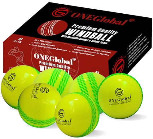 ONEGlobal Vindboll av högsta kvalitet, mjuk cricketbollar för inomhus och utomhus | Hållbar och säker, sexradig färgsöm och realistisk studs | Perfekt för coaching, träning, trädgårds- och strandspel
