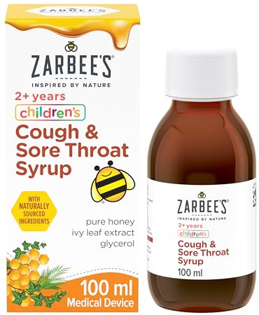 Zarbee's Children’s Cough & Sore Throat Syrup (1x 100ml), For Kids Aged 2+, Honey-Based Relief for Dry or Chesty Cough, Sore Throat Relief, Alcohol Free, Free from Lactose